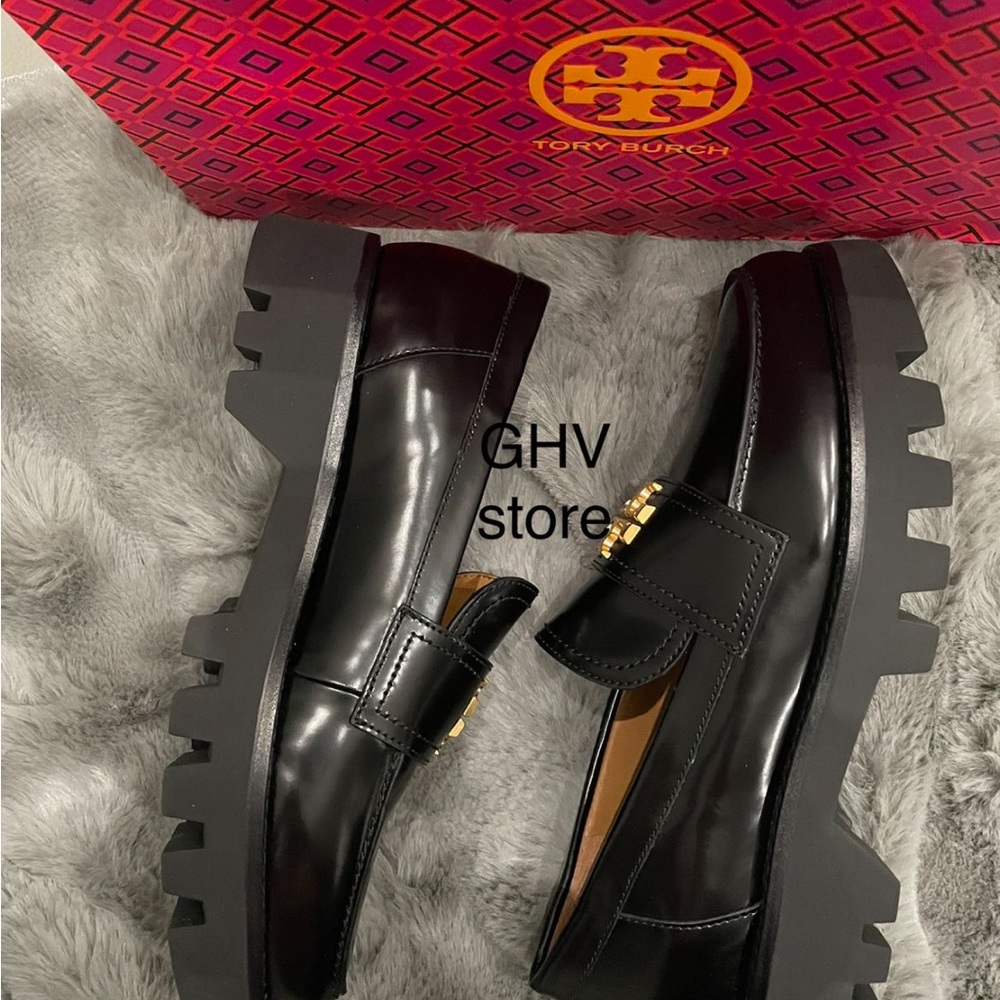 Tory Burch Black Platform Loafers with Gold Accent - Picture 3 of 7